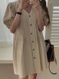 V-Neck Pleated Single-Breasted Puff-Sleeve Dress - PAINEVIDA