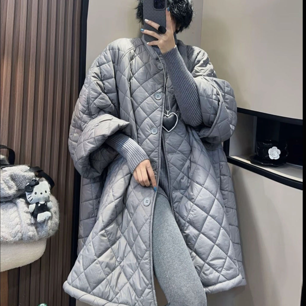Diamond-Patterned Plus A-line Cotton Coat