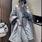 Diamond-Patterned Plus A-line Cotton Coat