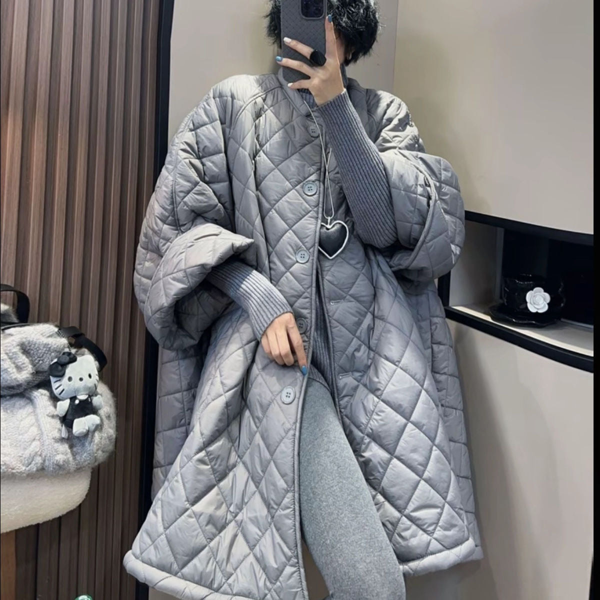 Diamond-Patterned Plus A-line Cotton Coat