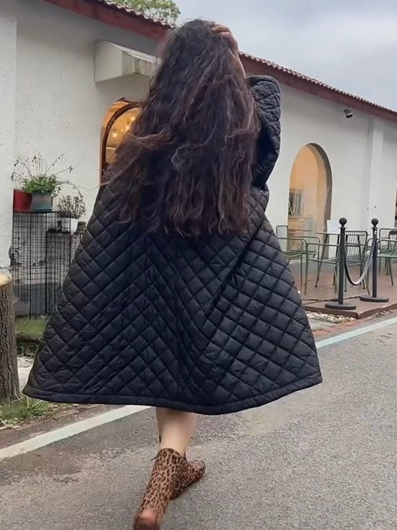 Diamond-Patterned Plus A-line Cotton Coat