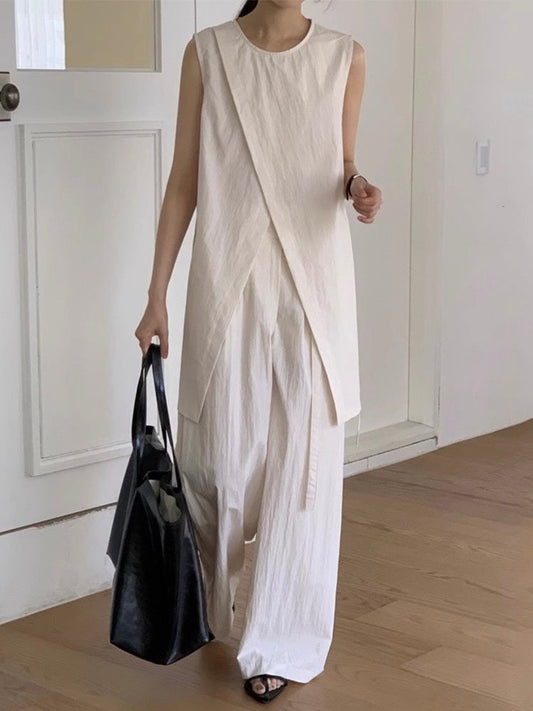 Slit Vest Shirt + High Waist Tie Wide Leg Pants 2 sets - PAINEVIDA