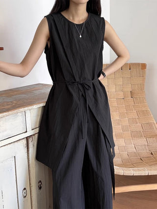 Slit Vest Shirt + High Waist Tie Wide Leg Pants