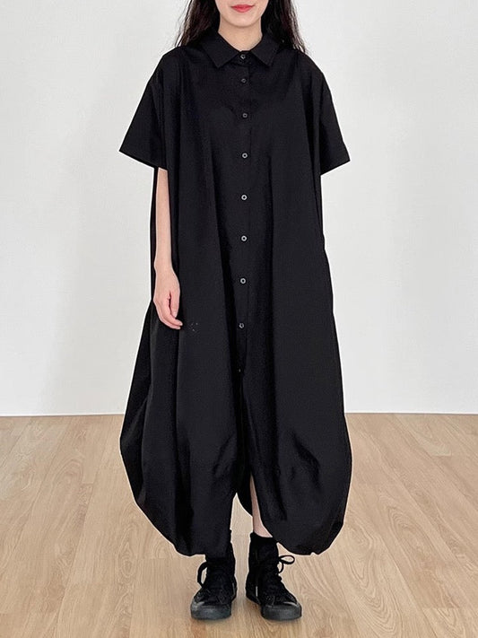 Dark Style Lapel Single-Breasted Irregular Shirt Dress - PAINEVIDA