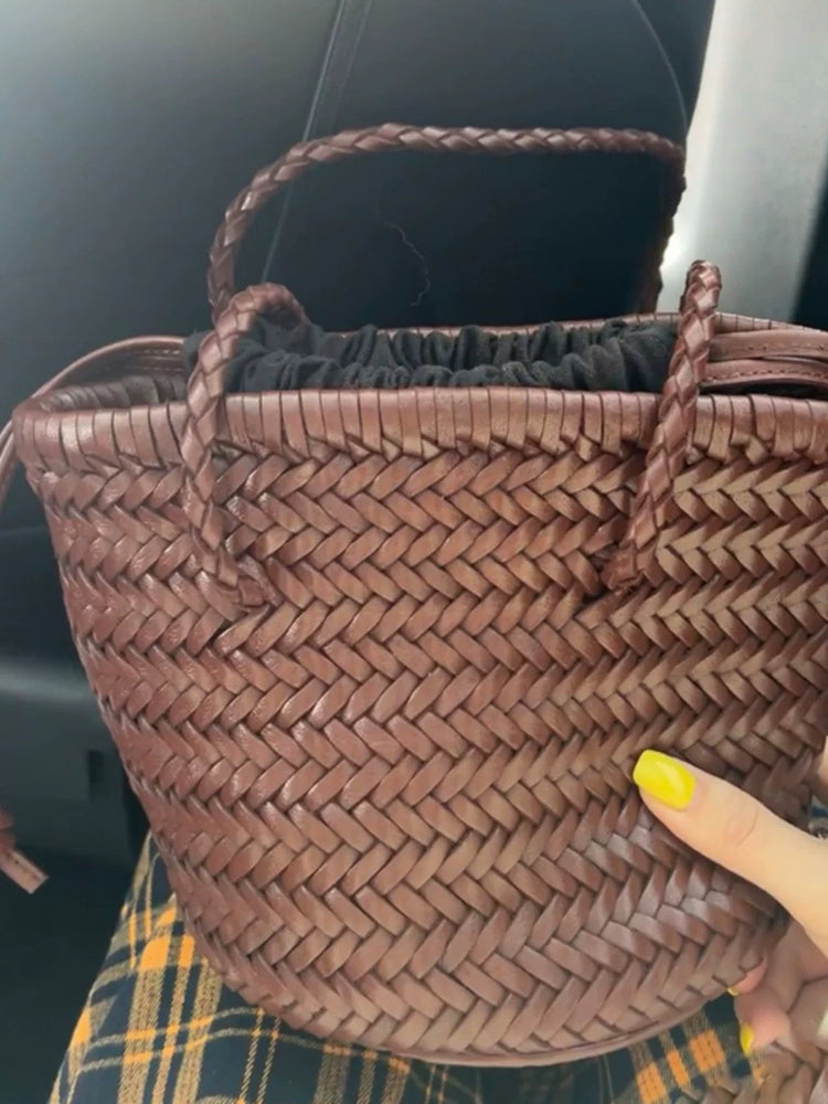 Vintage PU Leather Hand-Woven Bucket Bag by painevida