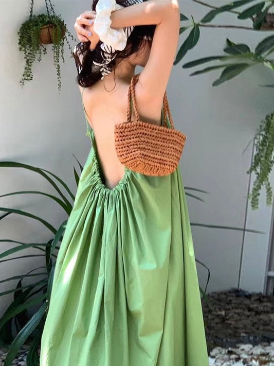 Backless Pleated Sling Dress - PAINEVIDA