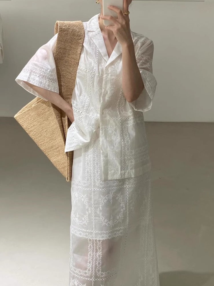 Elegant Embroidery Lace Flower Short Sleeves Shirt&Skirt 2 Set