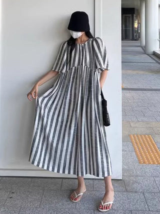 Loose Stripe Short Sleeve Long Dress