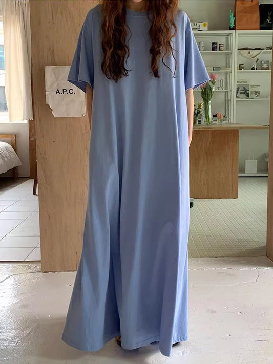 Loose Comfy Solid Color Short Sleeve Long Dress