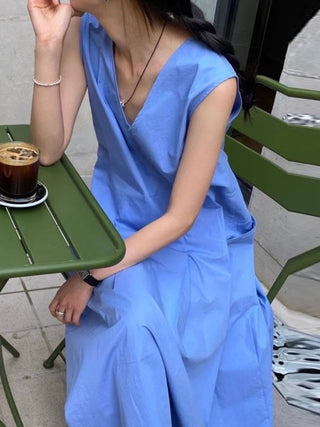 V-neck Pleated Long Vest Dress