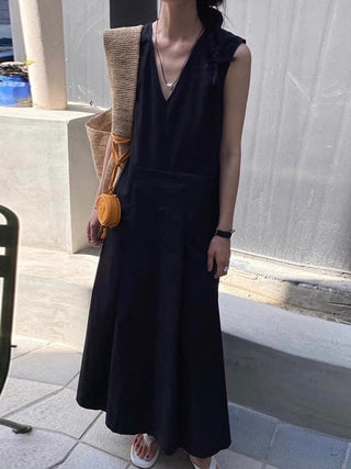 V-neck Pleated Long Vest Dress