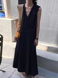 V-neck Pleated Long Vest Dress - PAINEVIDA