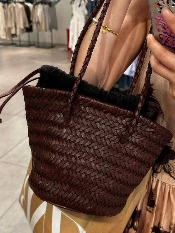 Vintage PU Leather Hand-Woven Bucket Bag