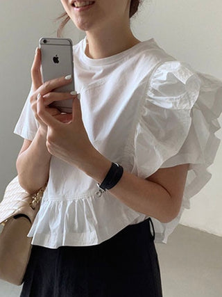 Round Neck Irregular Ruffle Stitching Short Sleeve Shirt