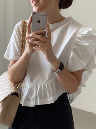 Round Neck Irregular Ruffle Stitching Short Sleeve Shirt