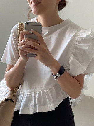 Round Neck Irregular Ruffle Stitching Short Sleeve Shirt