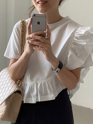 Round Neck Irregular Ruffle Stitching Short Sleeve Shirt