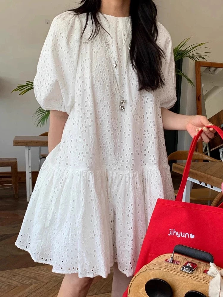 Lace Embroidery Crochet Puff Sleeve Dress