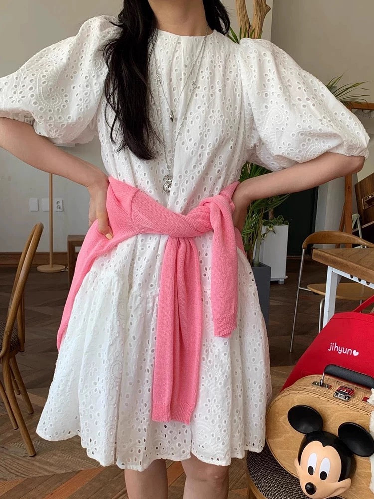 Lace Embroidery Crochet Puff Sleeve Dress