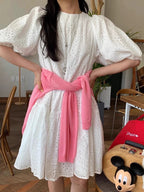 Lace Embroidery Crochet Puff Sleeve Dress