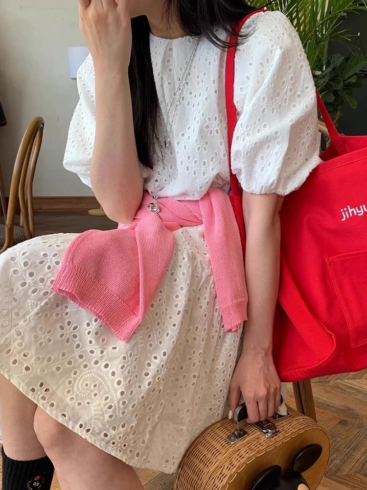 Lace Embroidery Crochet Puff Sleeve Dress