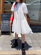 Lace Embroidery Crochet Puff Sleeve Dress