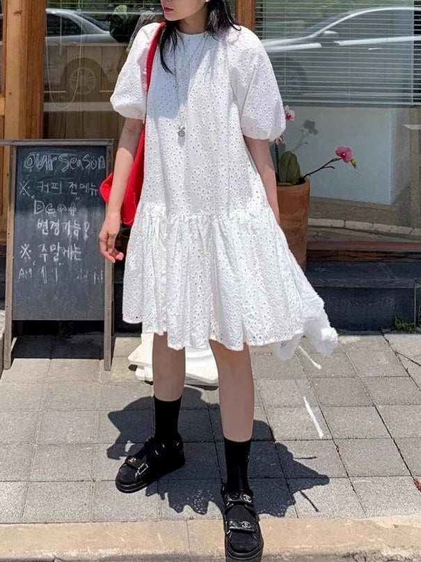 Lace Embroidery Crochet Puff Sleeve Dress