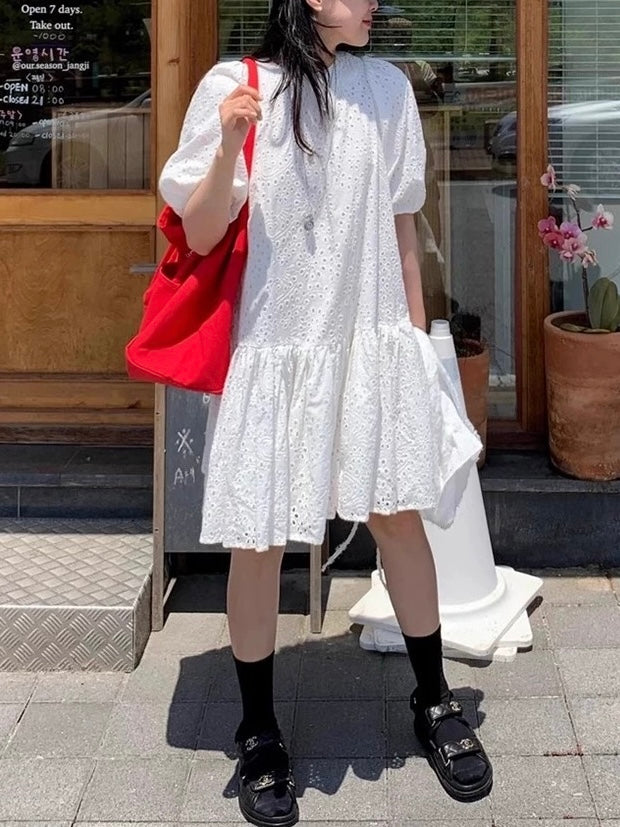 Lace Embroidery Crochet Puff Sleeve Dress