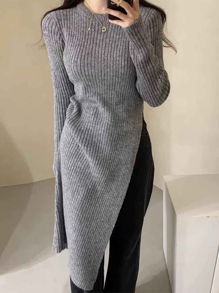Round Neck Irregular Slit Knit Dress