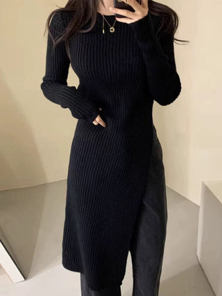 Round Neck Irregular Slit Knit Dress by painevida