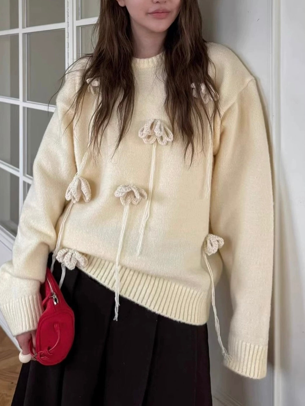 Handmade 3D Flower Decorated Knitwear