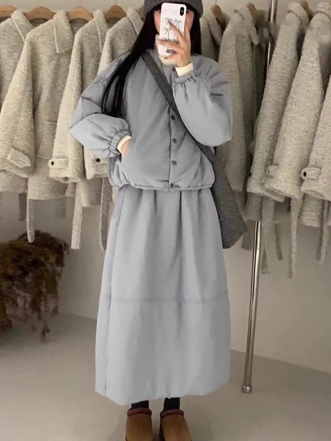 Single-Breasted Cotton-Padded Jacket + High-Waisted Tulip Skirt Two-Piece Set