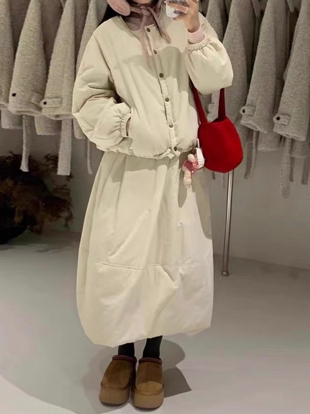 Single-Breasted Cotton-Padded Jacket + High-Waisted Tulip Skirt Two-Piece Set