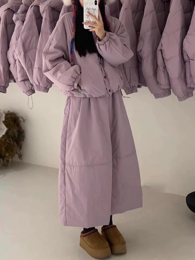 Single-Breasted Cotton-Padded Jacket + High-Waisted Tulip Skirt Two-Piece Set