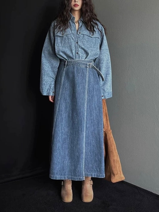 Single-Breasted Long-Sleeved Shirt + High-Waisted Irregular Denim Skirt Set