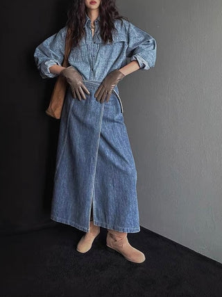 Single-Breasted Long-Sleeved Shirt + High-Waisted Irregular Denim Skirt Set by painevida