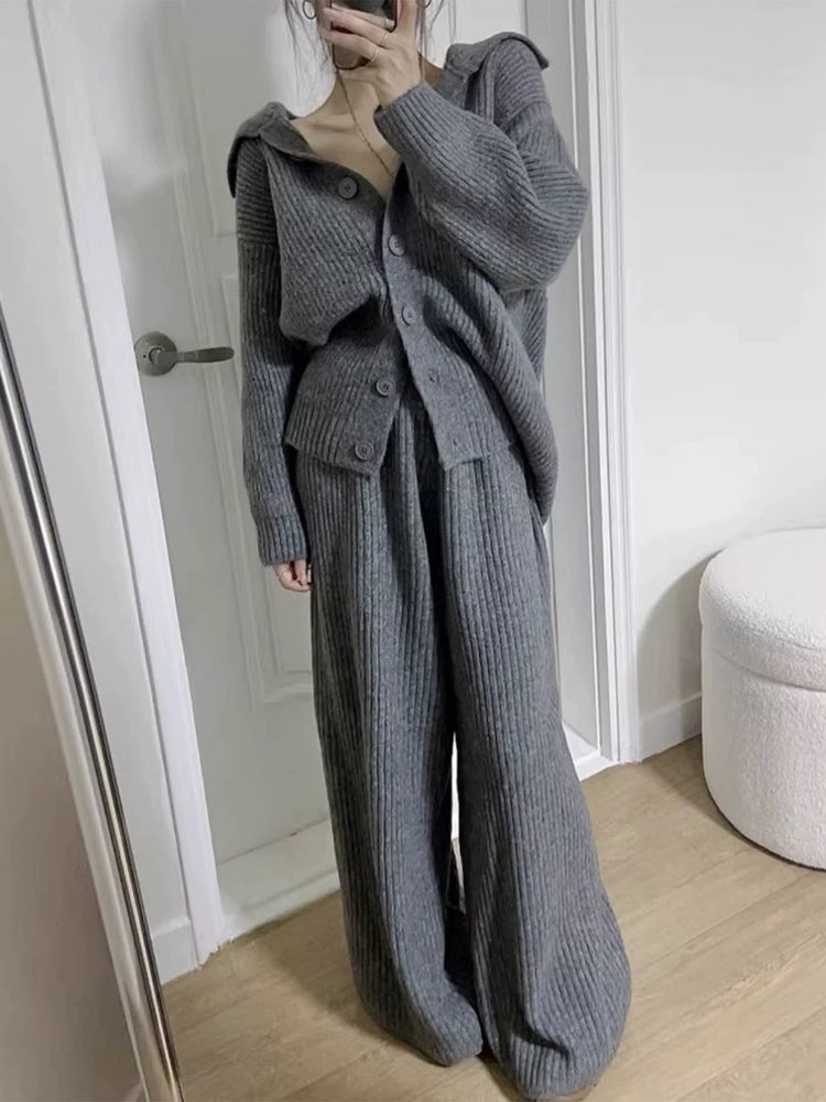 Knitted Cardigan Sweater + Trousers Two-Piece Set by painevida