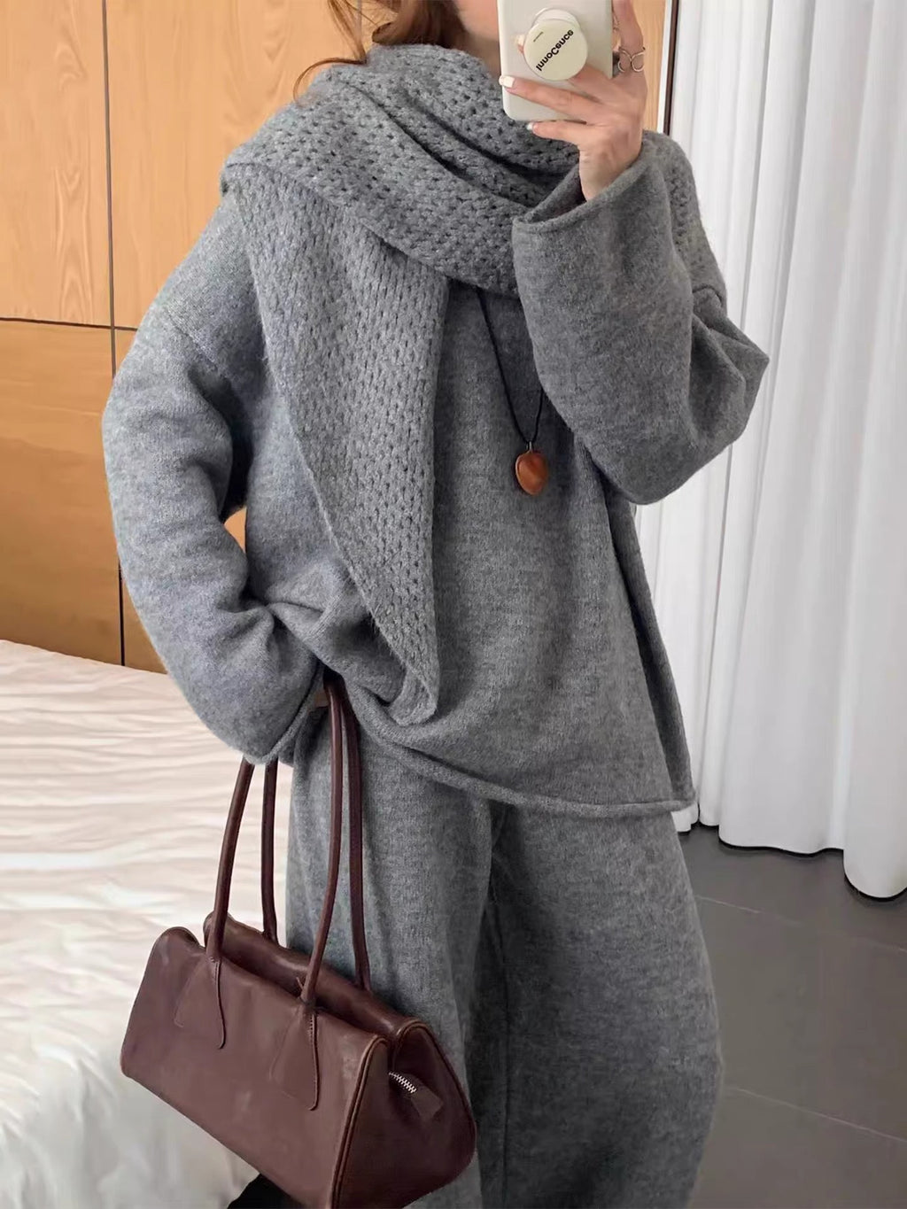Three-Piece Set: Knitted Sweater + Openwork Shawl + Casual Trousers