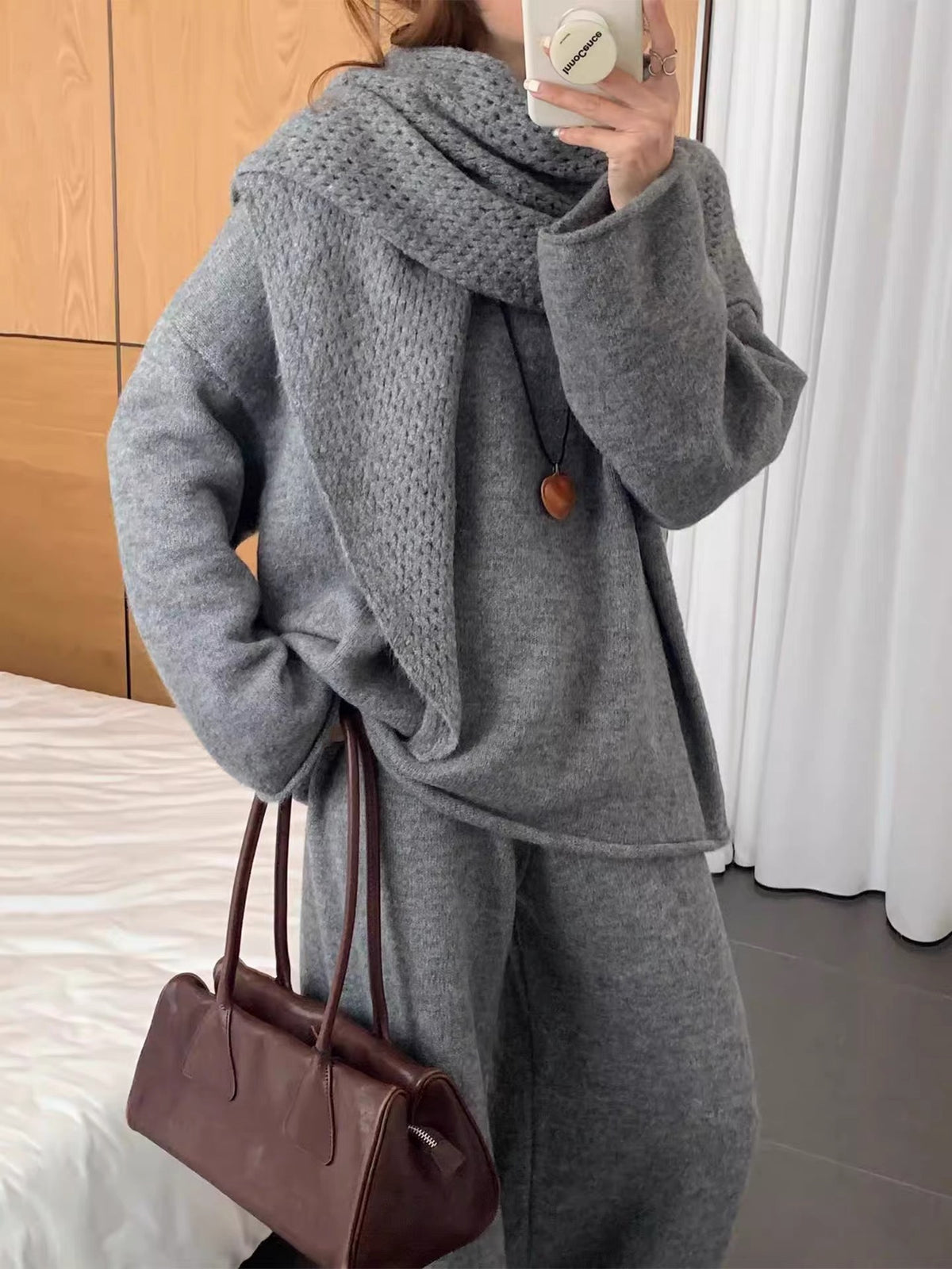 Three-Piece Set: Knitted Sweater + Openwork Shawl + Casual Trousers