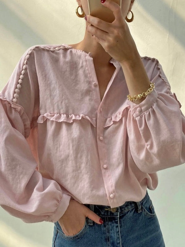 Single-breasted Pleated Ruffled Loose Long-sleeved Shirt by painevida
