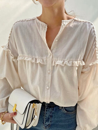 Single-breasted Pleated Ruffled Loose Long-sleeved Shirt