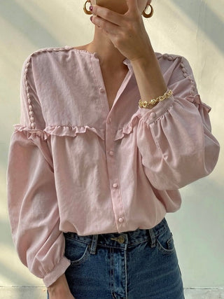 Single-breasted Pleated Ruffled Loose Long-sleeved Shirt