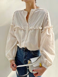 Single-breasted Pleated Ruffled Loose Long-sleeved Shirt