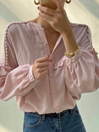 Single-breasted Pleated Ruffled Loose Long-sleeved Shirt