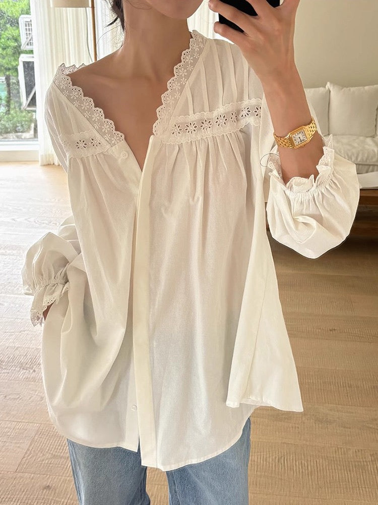 V-neck Hollow Lace Loose Shirt Blouse