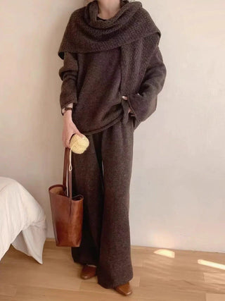Three-Piece Set: Knitted Sweater + Openwork Shawl + Casual Trousers by painevida