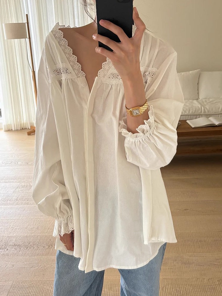 V-neck Hollow Lace Loose Shirt Blouse by painevida