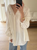 V-neck Hollow Lace Loose Shirt Blouse by painevida