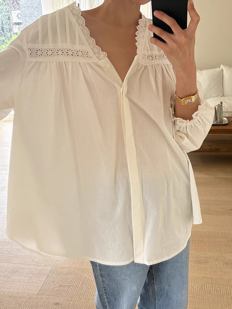 V-neck Hollow Lace Loose Shirt Blouse by painevida