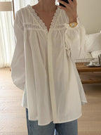 V-neck Hollow Lace Loose Shirt Blouse by painevida